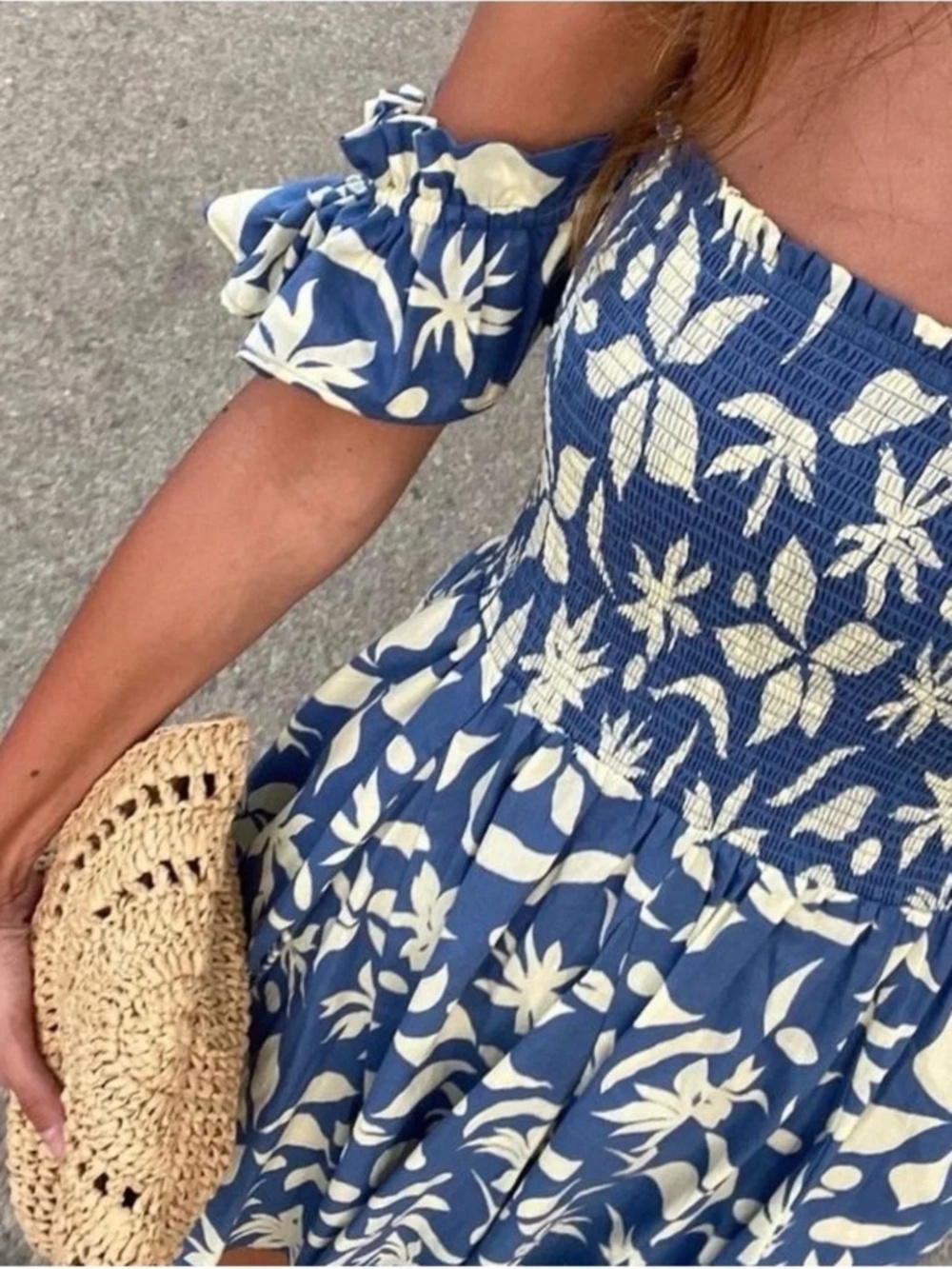 Zara Floral Smocked Puff Sleeve Mini Dress Blue White Size Large